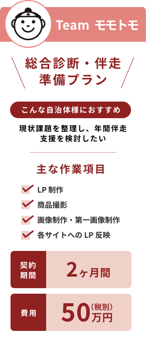ふるさと納税の総合診断・伴走準備プラン。現状課題の整理やLP制作などの伴走支援（費用50万円・2ヶ月間）