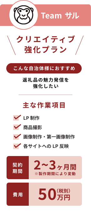 ふるさと納税のクリエイティブ強化プラン。LP制作や商品撮影で返礼品の魅力を発信（費用50万円・2〜3ヶ月間）